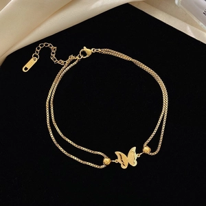 Tobillera de doble cadena con mariposa de acero inoxidable chapada en oro de 18 quilates
