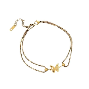 Elegante tobillera de mariposa de doble capa en acero inoxidable chapado en oro de 18k