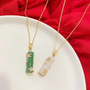 Titanium Steel Bamboo Joint Pendant Necklace Gold Plated Oriental Style Green White Ceramic-look PVC Rhinestone Jewelry