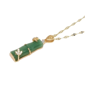 Bamboo shaped green jade pendant necklace in gold titanium steel for elegant women