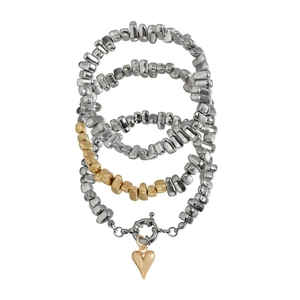 Ensemble de 4 bracelets superposés avec perles en métal argenté et breloque cœur doré