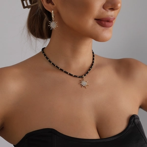 Mode Legierung Sternen Sonnenblume Perlenkette Und Ohrringe Schmuckset Zarte Schwarze Perlen Strass Eingelegt Schmuck Für Damen