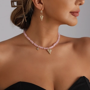 Pink ABS Beaded Heart Pendant Necklace Asymmetric Hoop Earrings For Women Alloy Star Rhinestone Jewelry Fashion Neck Decoration