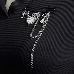 Gothic Punk Brooch Black Safety Pin Silver Cross Pendants With Tassel Chains Retro Streetwear Clothing Jewelry For Women