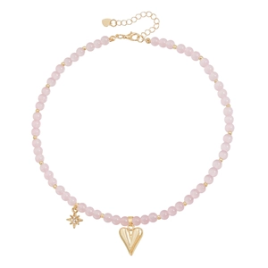 Pink beaded heart necklace with gold star charm and adjustable lobster clasp chain