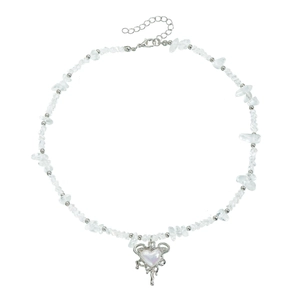 Irregular faux crystal necklace with hollow heart pendant and silver metallic beads