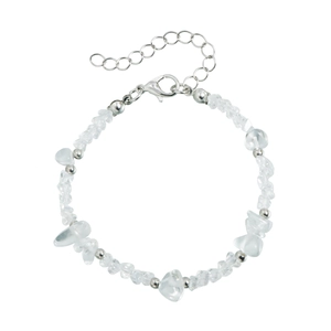 Detail view of irregular clear stone beaded bracelet with adjustable silver extension chain