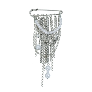 Broche épingle à nourrice argentée avec pampilles, perles blanches et pendentif étoile