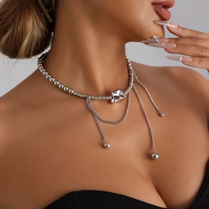 European Fashion Geometric Bead Necklace With Tassels Alloy Plastic Steel Color Metal Style Jewelry For Women