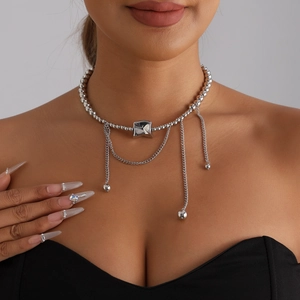 Silver bead necklace with geometric square block and triple tassel pendants for women