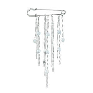 Broche épingle à nourrice argentée avec franges en cristal et perles carrées de luxe