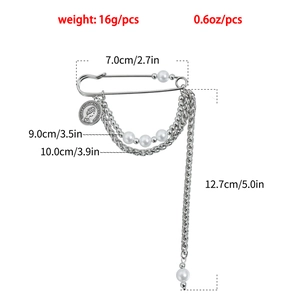Silver multilayer chain brooch with pearls and queen portrait coin detail showing dimensions