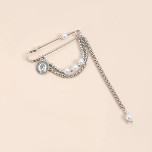 Silver multilayer chain safety pin brooch with white pearls and vintage coin pendant