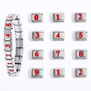 Italian Charm Link Red Arabic Numbers Stainless Steel Modular Bracelet Charm Component For DIY Jewelry Making