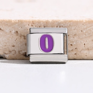 Macro view of Italian charm link featuring purple enamel and silver number zero detail