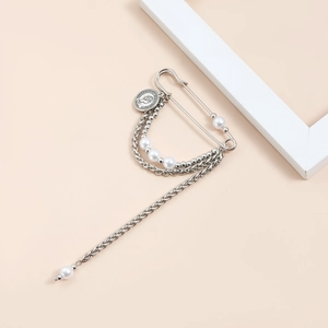 Vintage silver brooch with white faux pearls, layered chains and coin pendant detail