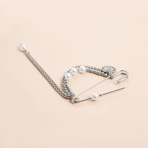 Vintage silver long brooch pin with coin pendant and layered pearl chains