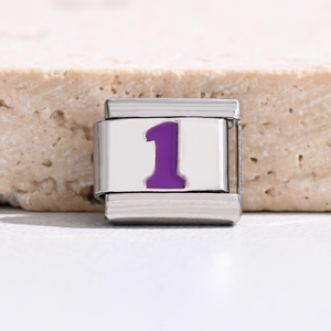 Macro detail of Italian charm bracelet link featuring a purple enamel number 1