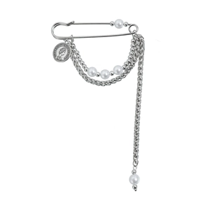 Silver retro portrait coin brooch with layered chains and elegant pearls on white background