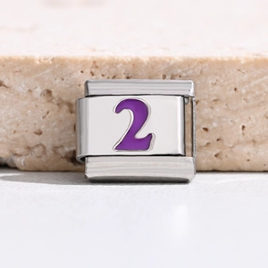 Macro shot of polished stainless steel Italian charm link with purple enamel number two