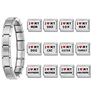 Macro view of Italian charm links set with I Love My Family engravings in stainless steel