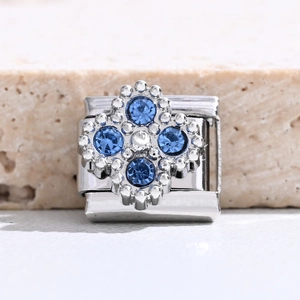 Modulo per bracciale italiano con fiore di cristallo blu su acciaio inossidabile argento
