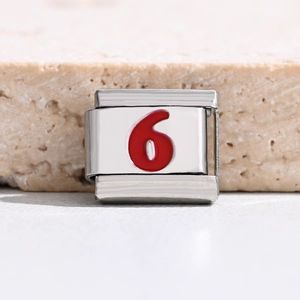 Italian charm link with red number six on polished stainless steel base for DIY bracelets