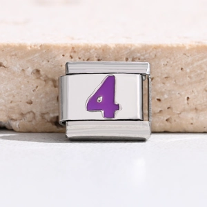 Italian charm bracelet link made of stainless steel with purple number 4 DIY design