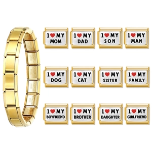 Gold Italian charm bracelet with twelve themed links showing MOM and DOG engraved patterns