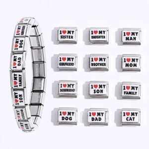 Stainless Steel Italian Charm Link I Love My Family Pet Modular Bracelet Charm Enamel Heart For DIY Jewelry Making Unisex