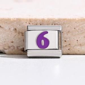 Italian charm bracelet link in stainless steel with purple enamel number six detail