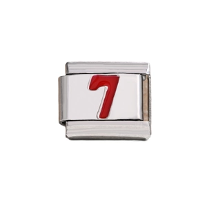Italian charm bracelet link in stainless steel with red enamel number seven design