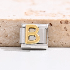 Polished stainless steel Italian charm link with a 3D gold embossed letter B detail