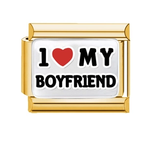 Italian Charm modular bracelet link in gold with I Love My Boyfriend text and red heart