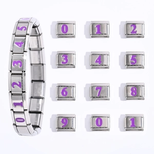 Stainless Steel Italian Charm Link Purple Enamel Arabic Number DIY Modular Bracelet Jewelry Accessory For Women Men