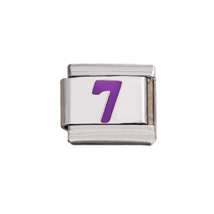 Italian charm link in silver stainless steel featuring a purple number 7 design