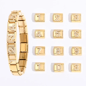 Gold Plated Stainless Steel Italian Charm Links Zirconia Number 0-9 For DIY Modular Bracelet Jewelry Making Women Accessory