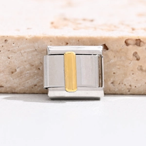 Detail of Italian charm bracelet link with polished silver and gold rectangular inlay