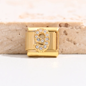 Italian modular gold charm link with number 9 and sparkling crystals for DIY bracelets