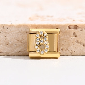 Italian style gold modular charm featuring a number 8 encrusted with white cubic zirconia