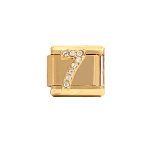 Italian charm bracelet module with gold finish and sparkling number 7 crystal inlay