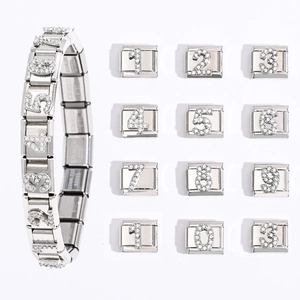 Italian Charm Link Modular Bracelet Accessory Stainless Steel Silver Pavé Zirconia Number DIY Jewelry Making Component