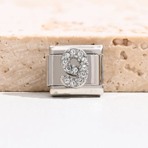 Italian charm bracelet pendant in silver finish featuring a crystal pavé number 9 design