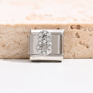 Italian charm bracelet link with silver number 8 design and sparkling rhinestones