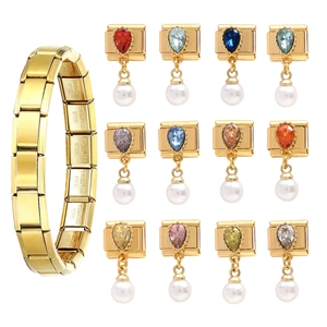 Detailed view of 12 colorful gemstone and pearl charms for modular stainless steel bracelet