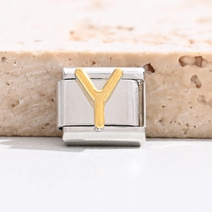 Italian charm bracelet link with gold letter Y on polished stainless steel base