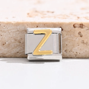 Italian charm bracelet link with gold letter Z on stainless steel modular band