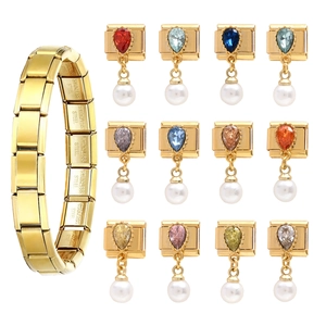 Gold Stainless Steel Italian Charm Modular Link With Pear Shaped Zirconia Artificial Pearl Dangle DIY Modular Bracelet Accessory For Women