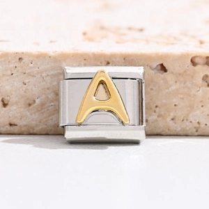 Italian charm bracelet link with gold plated letter A on stainless steel base
