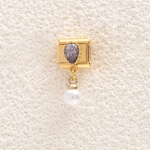 Italian style charm with purple pear-shaped crystal and white pearl drop on gold base